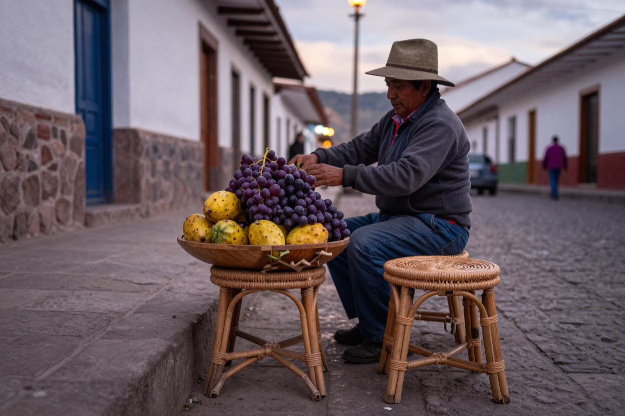 Cusco Peru Early Evening Street Scene with Rattan Stool and Fruit Bowl in in Cusco, Peru