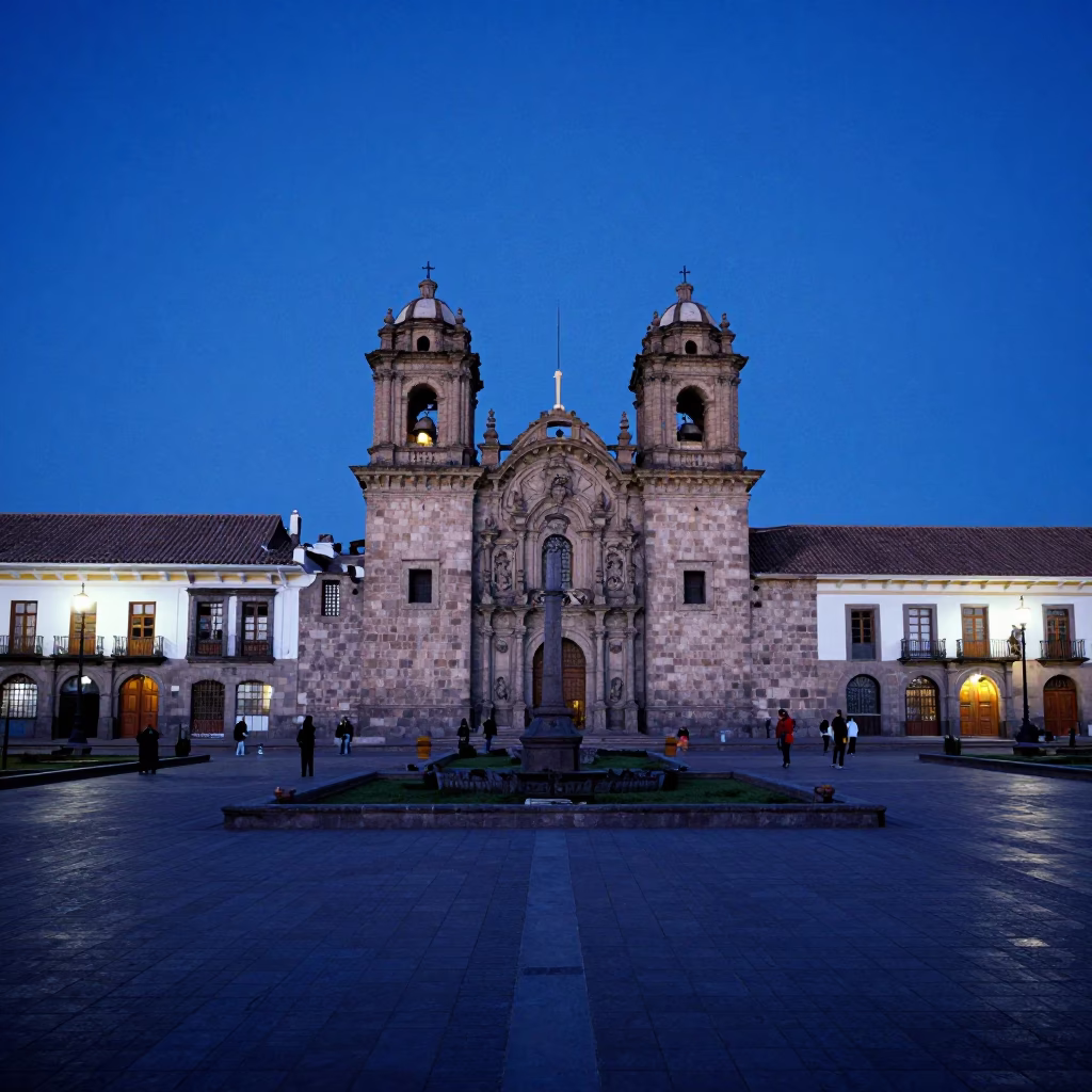 Cusco Peru Evening Blue Hour Plaza de Armas Stone Architecture and Local Life in in Cusco, Peru