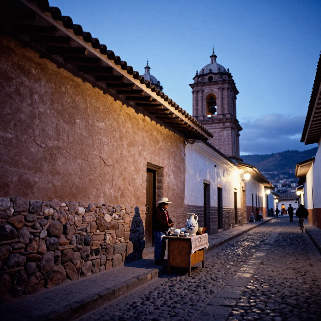 Cusco Peru Evening Blue Hour Street Scene with Ceramic Pitcher and Wreath in in Cusco, Peru