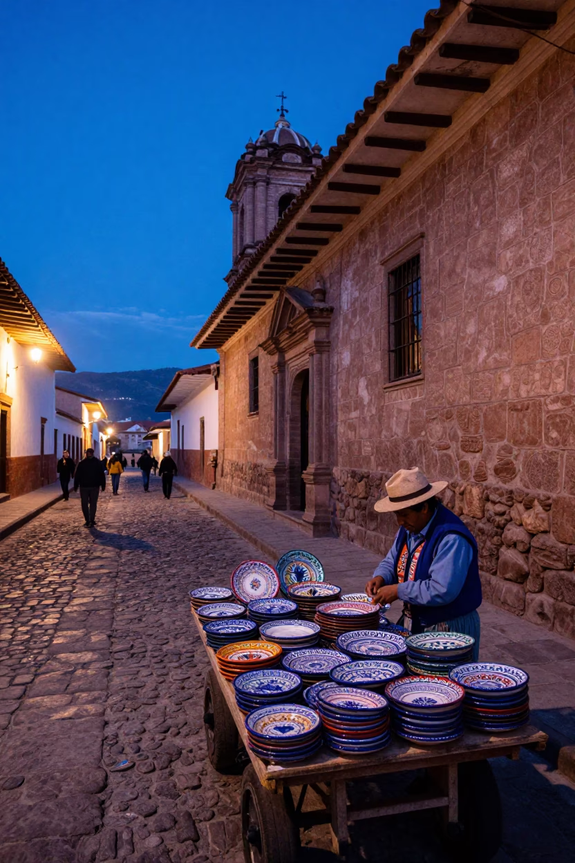Cusco Peru Evening Blue Hour Street Scene with Majolica Plates in in Cusco, Peru