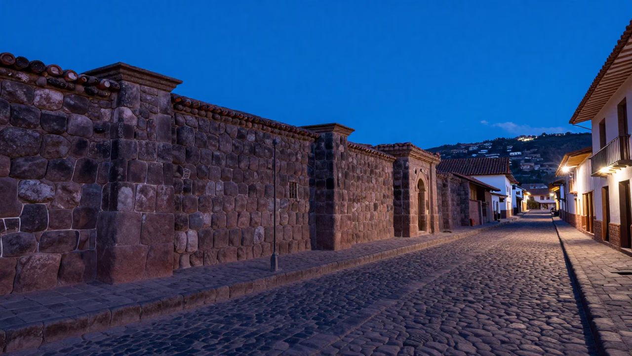 Cusco Peru Evening Landscape with Inca Stone Walls and Blue Hour Sky in in Cusco, Peru