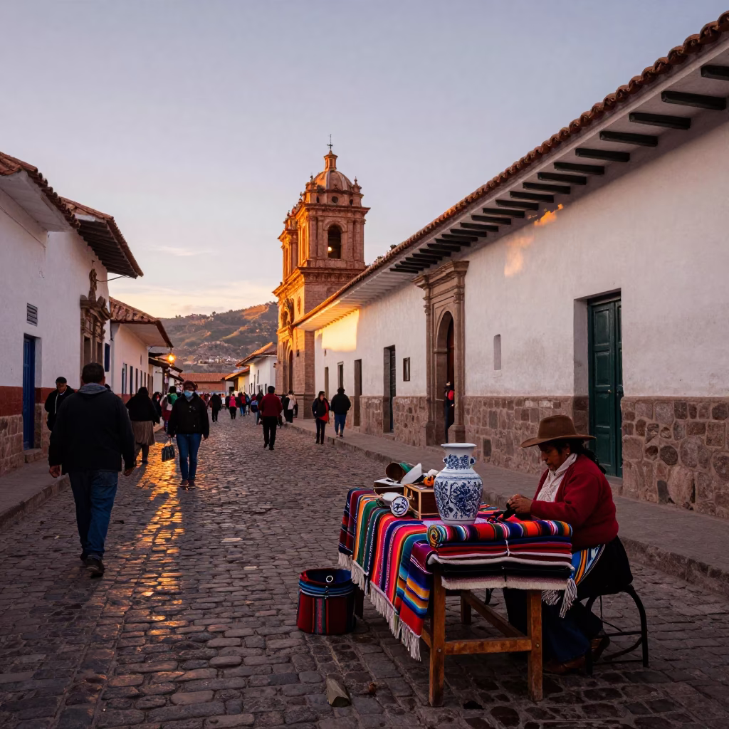 Cusco Peru Evening Light Street Scene with Local Vendor and Traditional Pottery in in Cusco, Peru