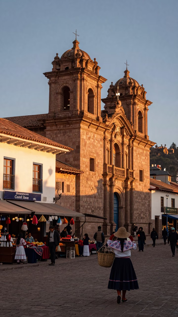 Cusco Peru Evening Light Traditional Stone Architecture and Local Market Activity in in Cusco, Peru