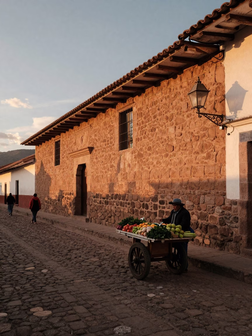 Cusco Peru Evening Street Scene with Adobe Walls and Local Market Activity in in Cusco, Peru