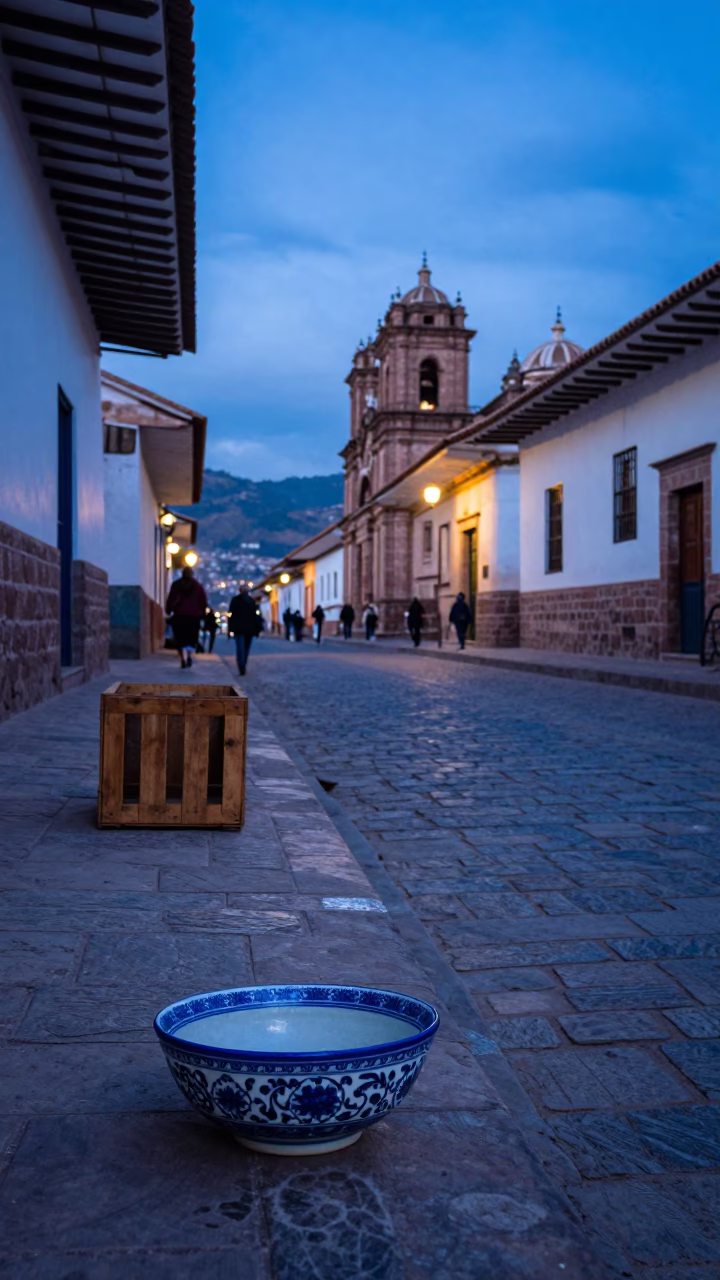 Cusco Peru Evening Street Scene with Blue Porcelain Bowl and Crate in in Cusco, Peru