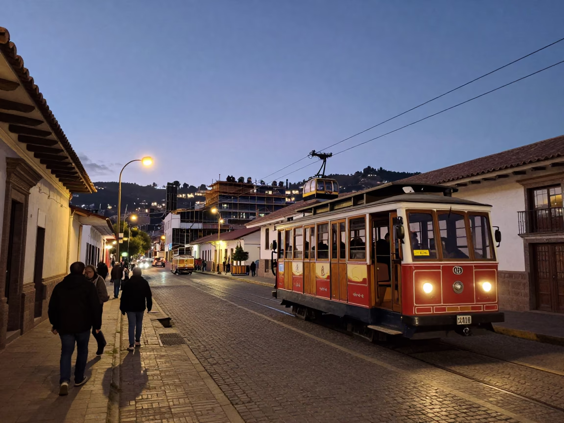 Cusco Peru Evening Street Scene with Cable Car and Construction Activity in in Cusco, Peru