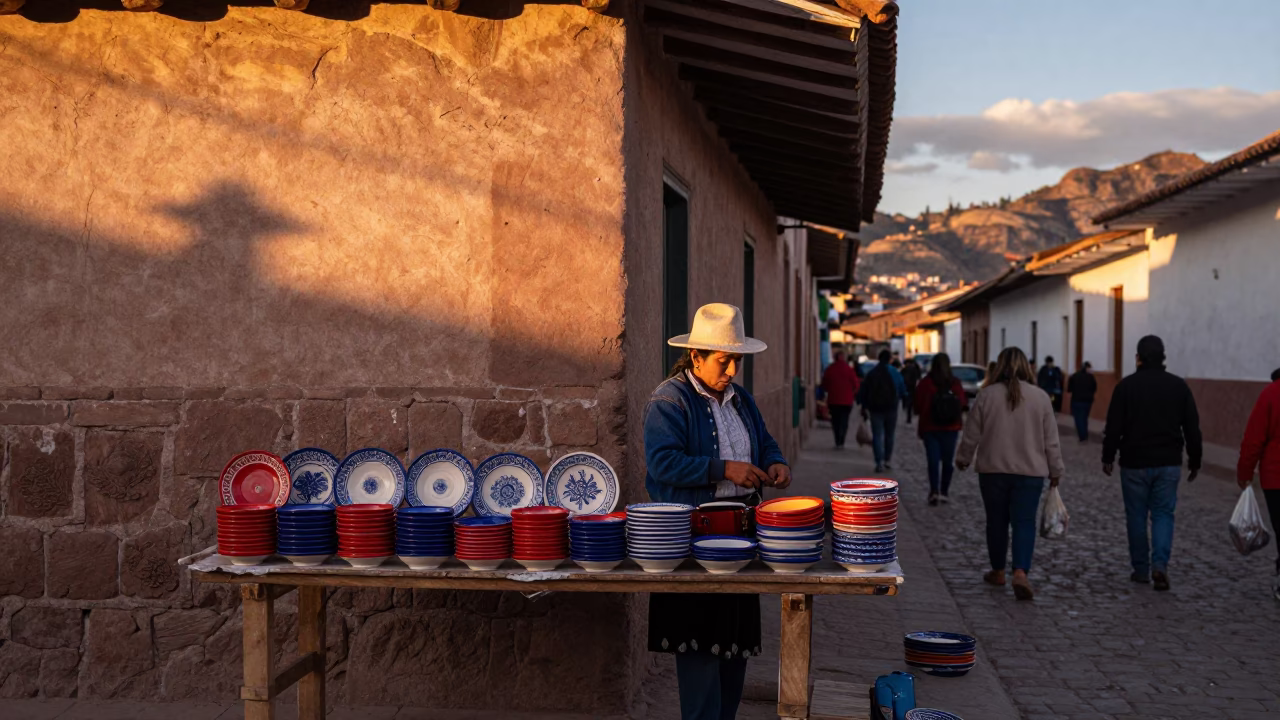 Cusco Peru Evening Street Scene with Ceramic Plates and Local Market Life in in Cusco, Peru