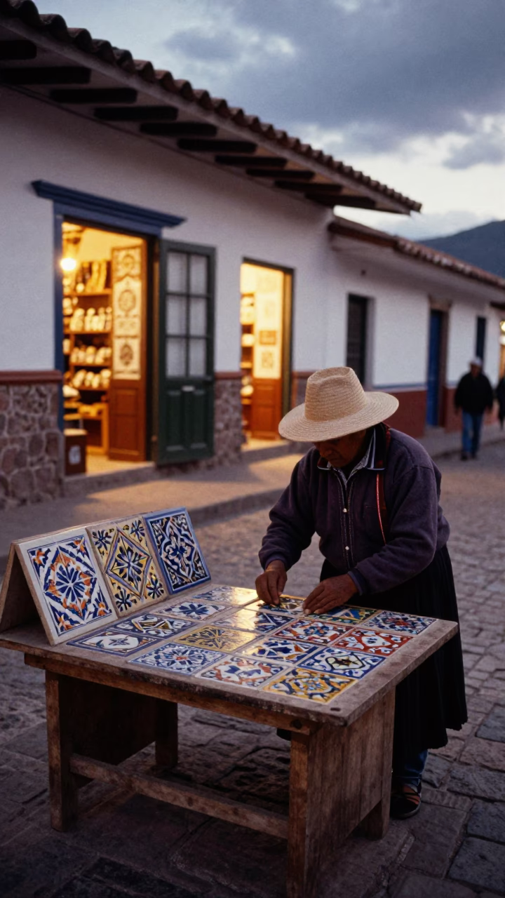 Cusco Peru Evening Street Scene with Ceramic Tiles and Local Broom in in Cusco, Peru