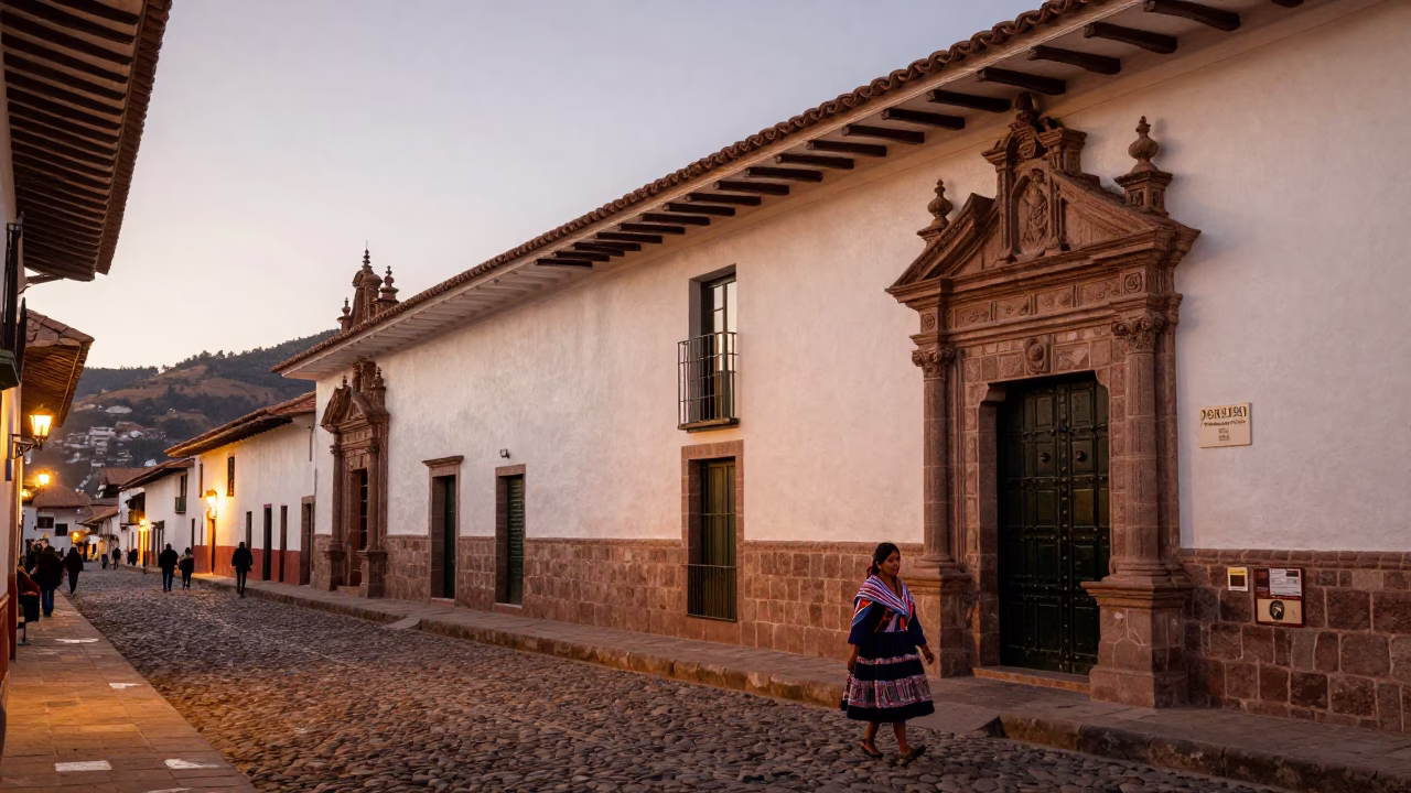 Cusco Peru Evening Street Scene with Colonial Architecture and Local Life in in Cusco, Peru