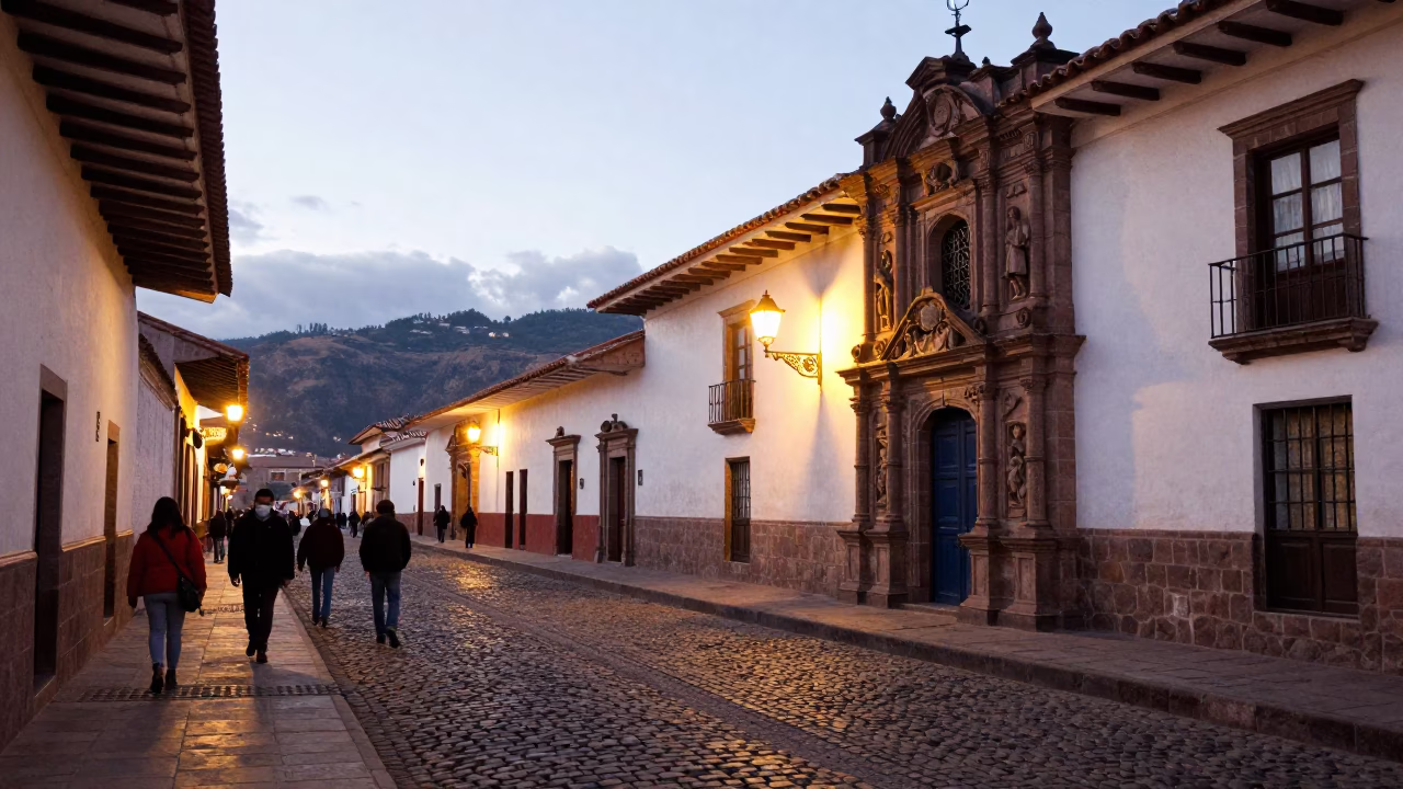 Cusco Peru Evening Street Scene with Colonial Architecture and Local Market Activity in in Cusco, Peru