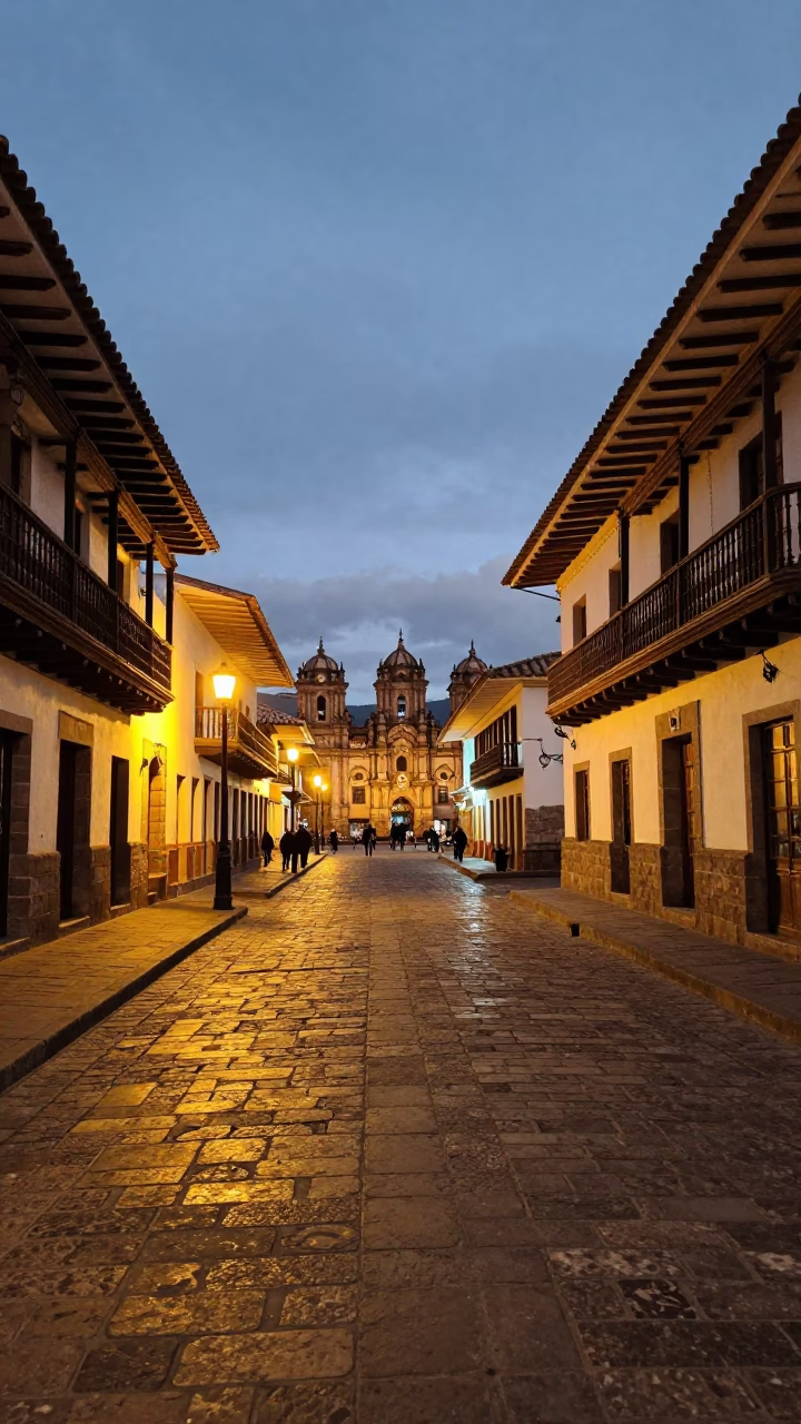 Cusco Peru evening street scene with colonial architecture and local vendors at dusk in in Cusco, Peru