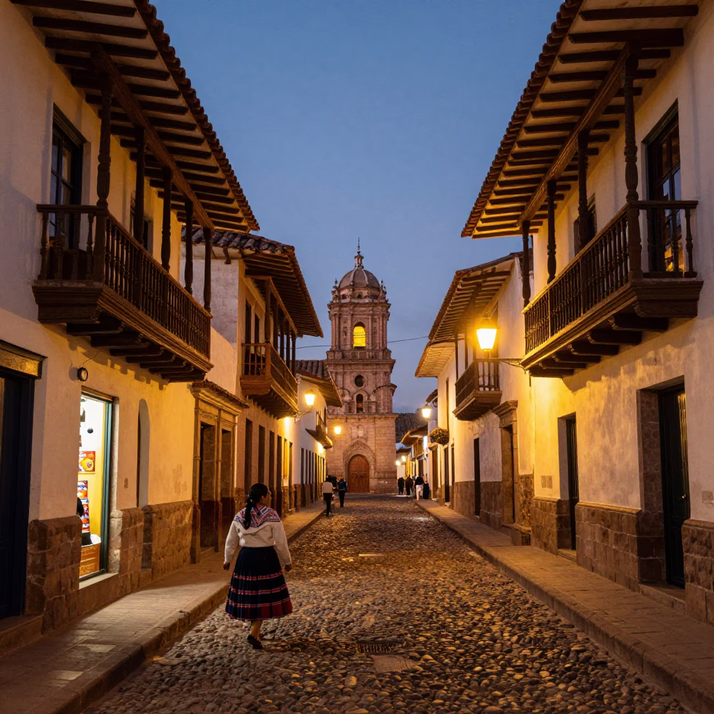 Cusco Peru Evening Street Scene With Colonial Balconies And Glowing City Lights in in Cusco, Peru
