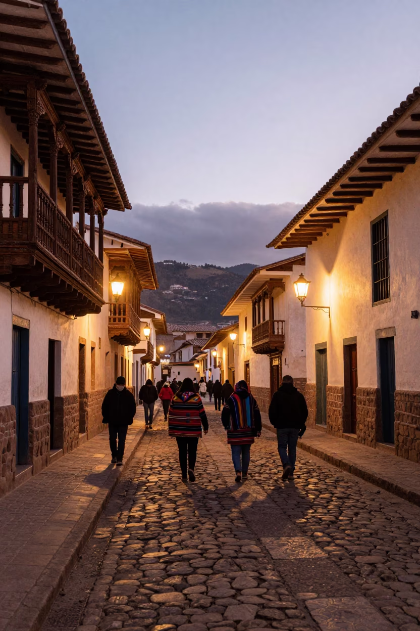 Cusco Peru Evening Street Scene with Colorful Andean Textiles and Stone Architecture in in Cusco, Peru