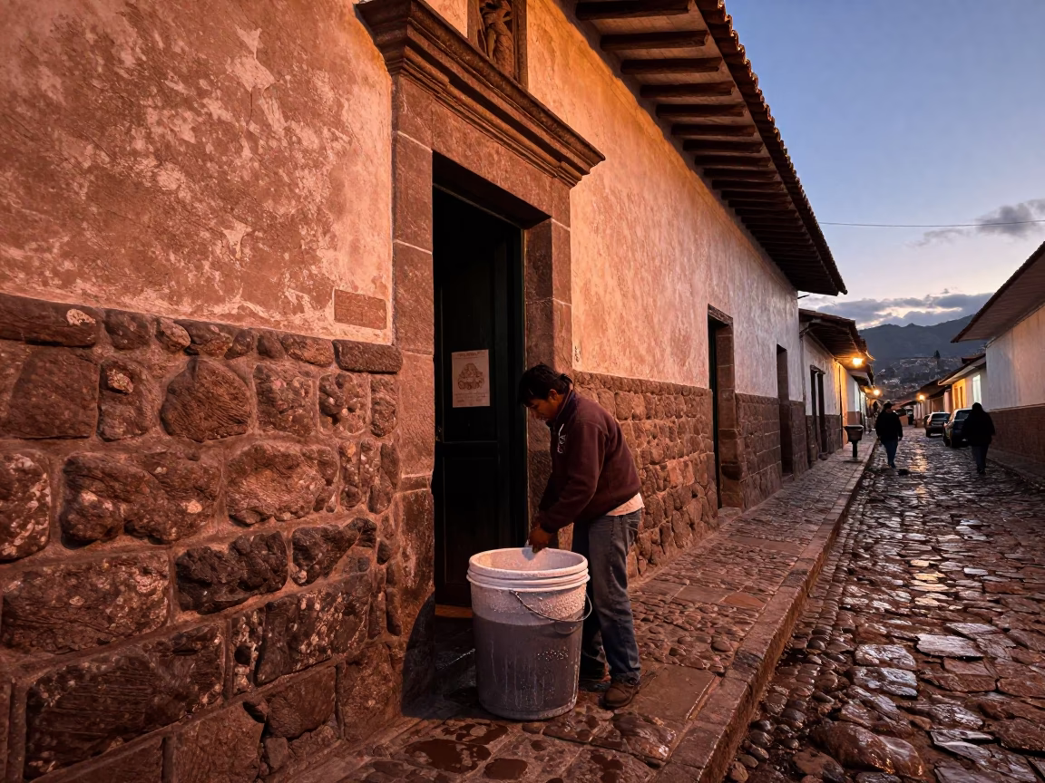 Cusco Peru Evening Street Scene with Condensation on Bucket and Leaf Shadows in in Cusco, Peru
