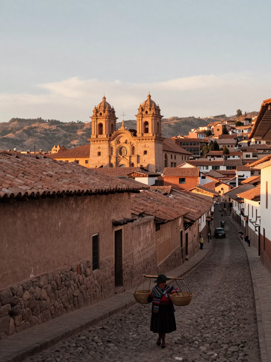 Cusco Peru Evening Street Scene with Dusty Adobe Walls and Local Life in in Cusco, Peru