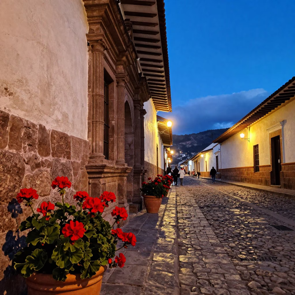 Cusco Peru Evening Street Scene With Geraniums And Colonial Stone Architecture in in Cusco, Peru