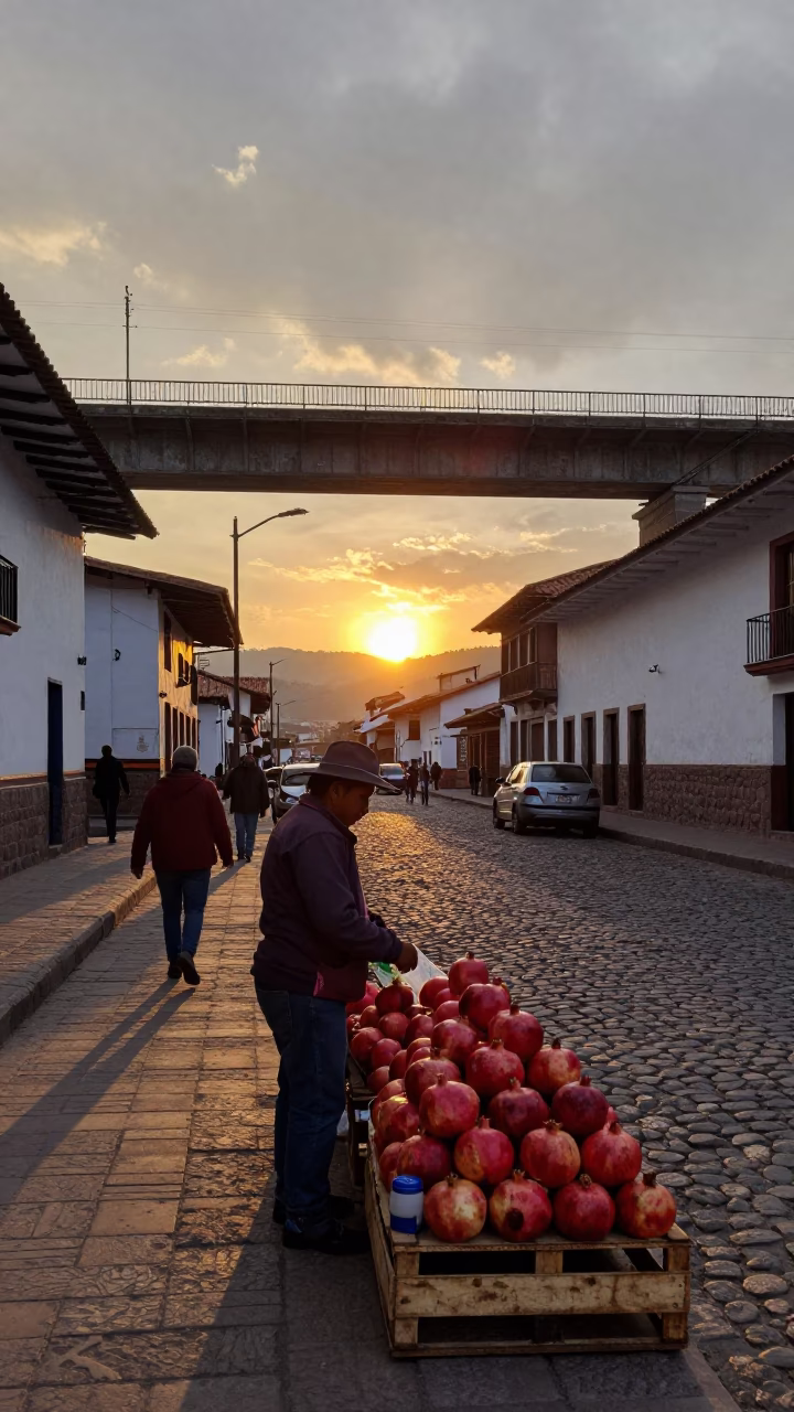Cusco Peru Evening Street Scene with Highway Flyover and Local Market Activity in in Cusco, Peru