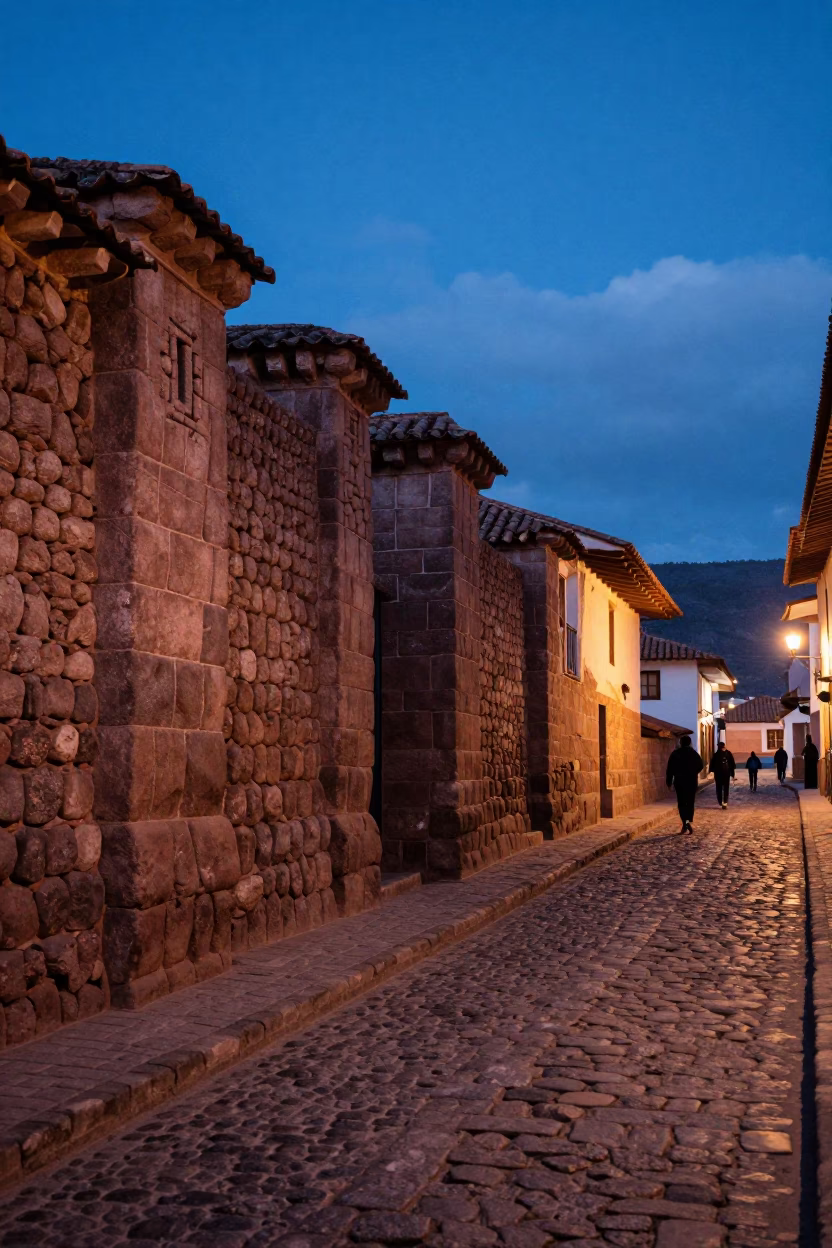 Cusco Peru Evening Street Scene with Inca Stone Walls and Local Market Activity in in Cusco, Peru