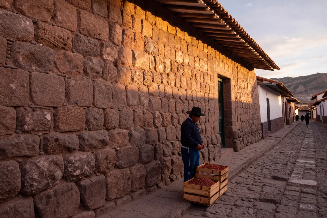 Cusco Peru Evening Street Scene with Inca Stone Walls and Local Vendor in in Cusco, Peru