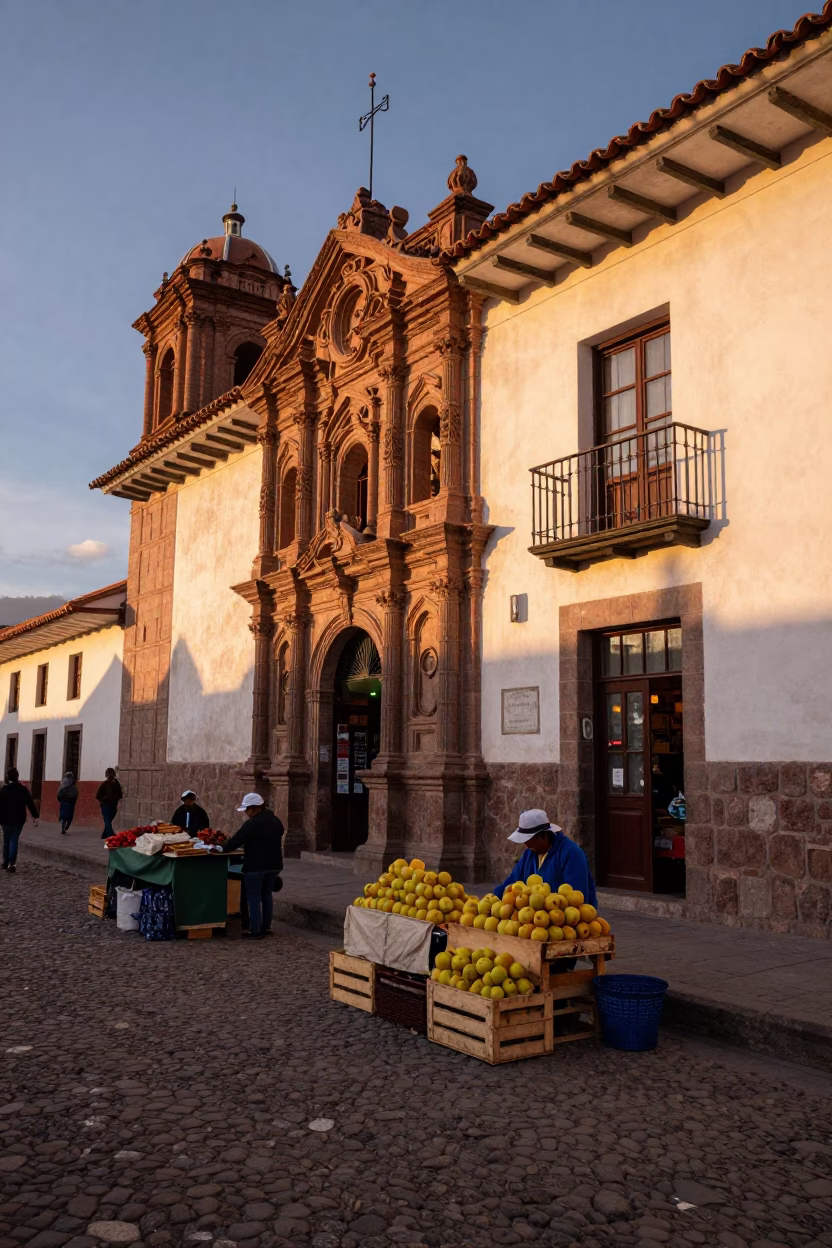 Cusco Peru Evening Street Scene with Local Market Stalls and Traditional Architecture in in Cusco, Peru