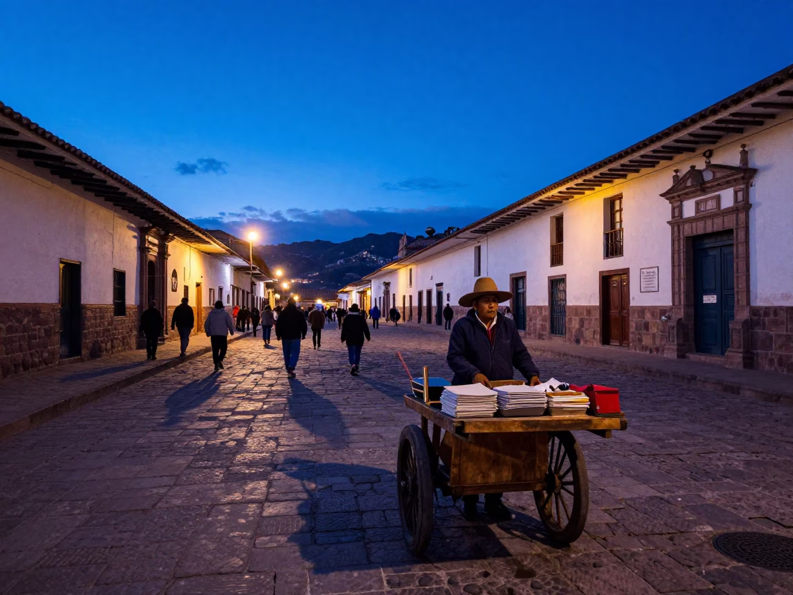 Cusco Peru Evening Street Scene with Local Vendor and Traditional Food in in Cusco, Peru
