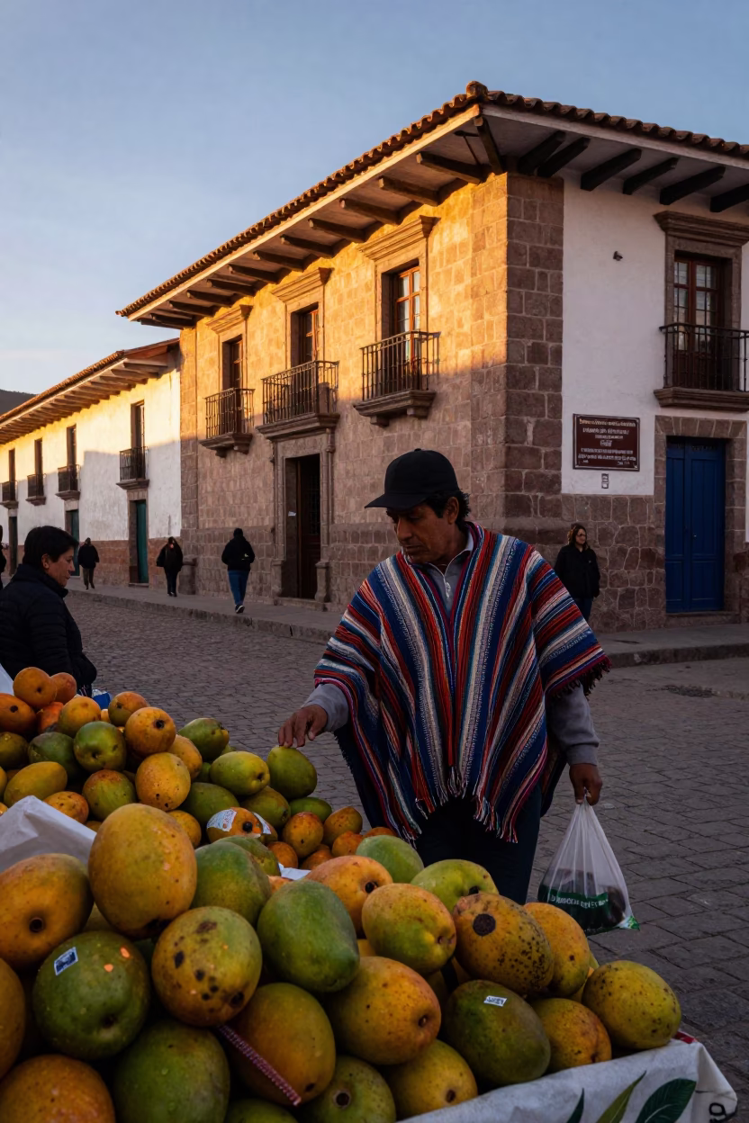 Cusco Peru Evening Street Scene with Mangoes and Local Market Interaction in in Cusco, Peru