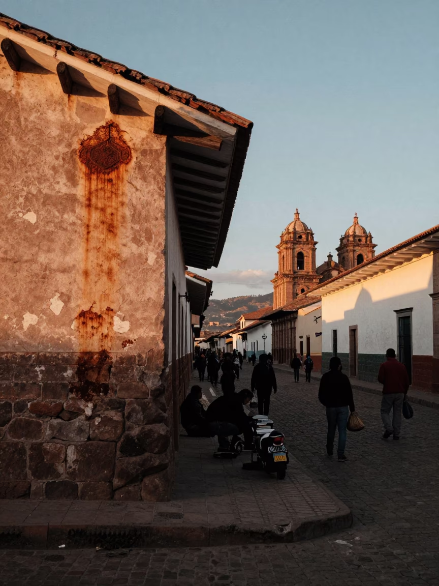 Cusco Peru Evening Street Scene with Rusty Plaster Walls and Local Life in in Cusco, Peru