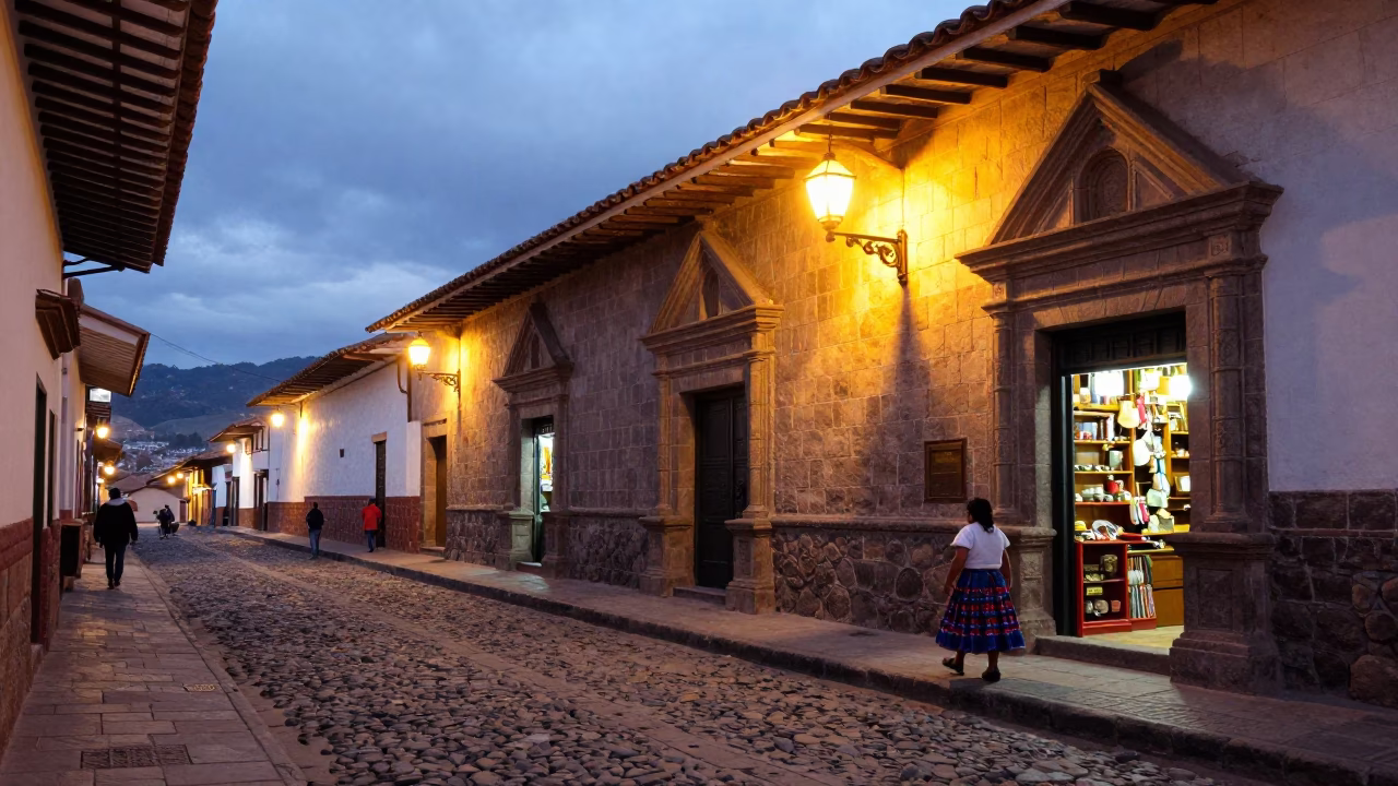 Cusco Peru Evening Street Scene with Stone Architecture and Local Life at Dusk in in Cusco, Peru