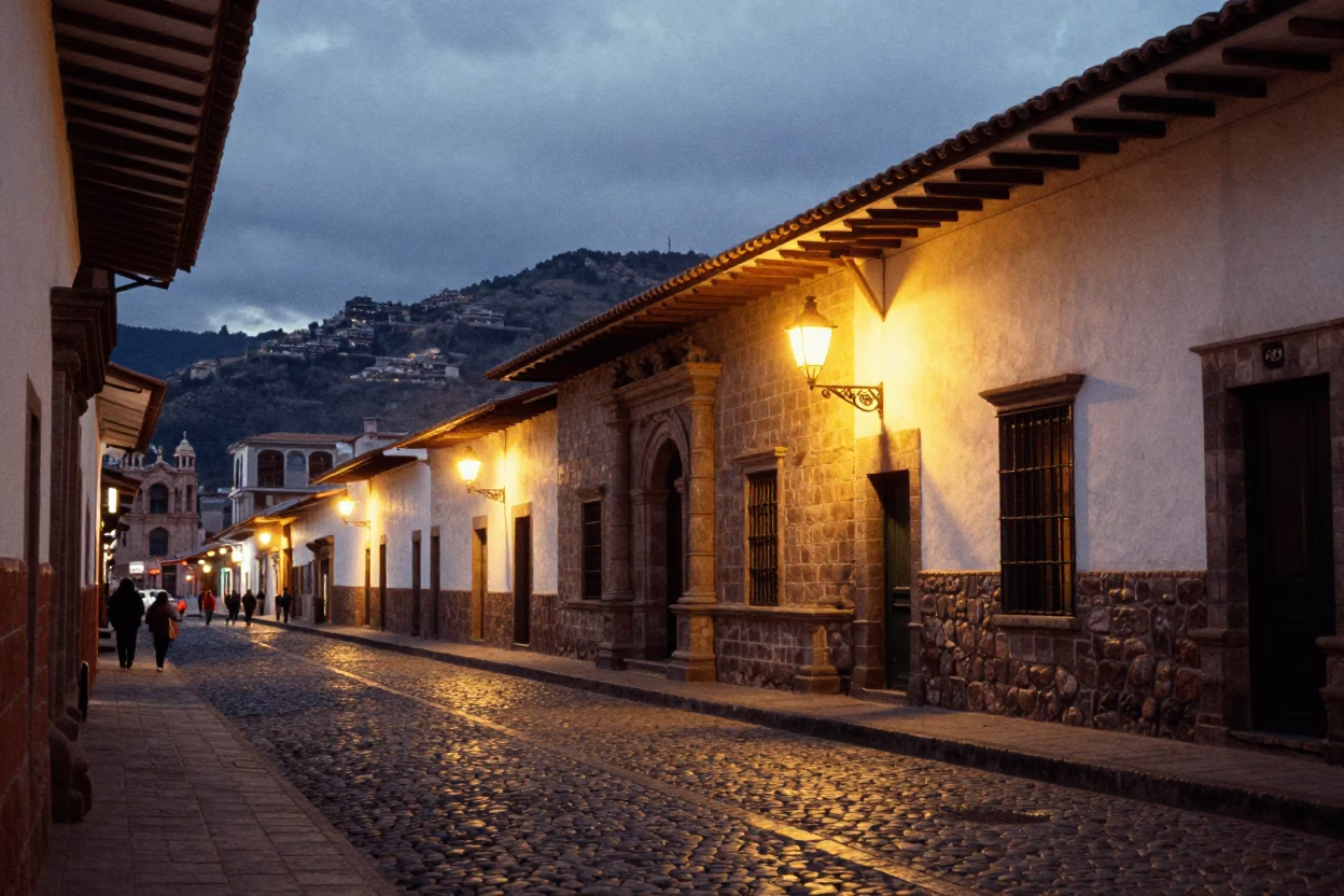 Cusco Peru Evening Street Scene with Stone Architecture and Local Life in in Cusco, Peru