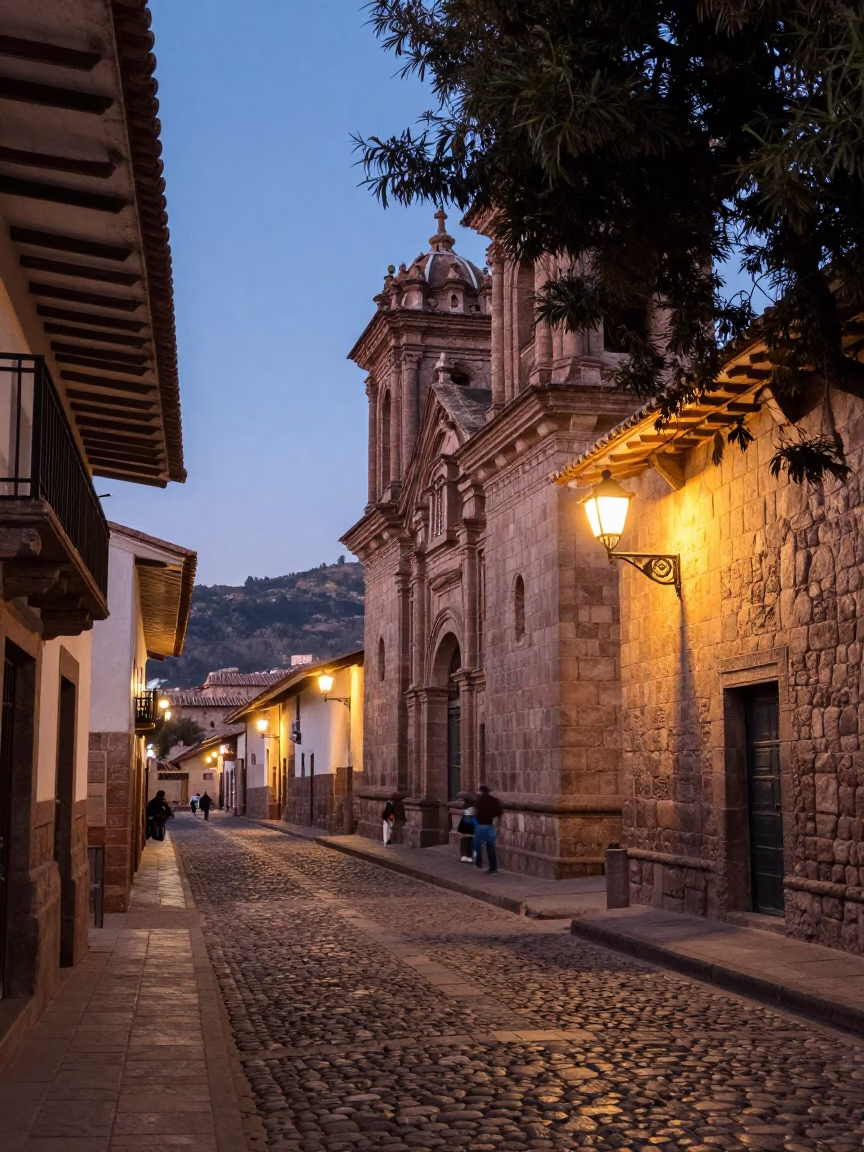 Cusco Peru Evening Street Scene with Stone Architecture and Tree Shadows in in Cusco, Peru