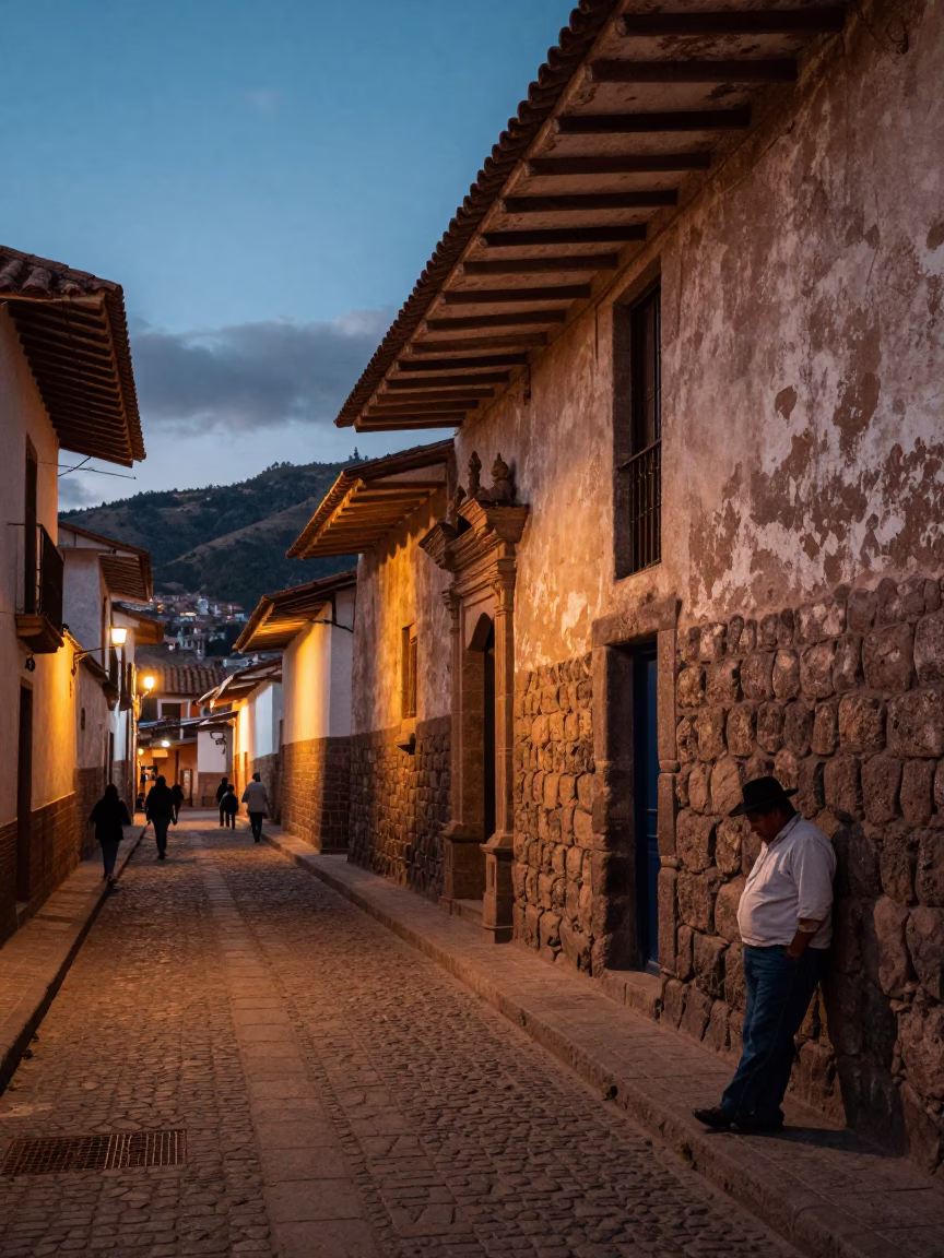 Cusco Peru Evening Street Scene with Stone Walls and Local Life in in Cusco, Peru