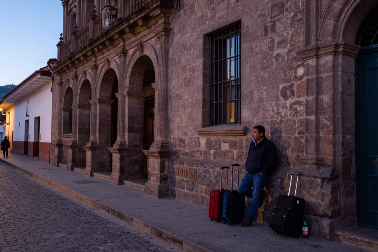 Cusco Peru Evening Street Scene with Suitcases and Bottle near Colonial Architecture in in Cusco, Peru