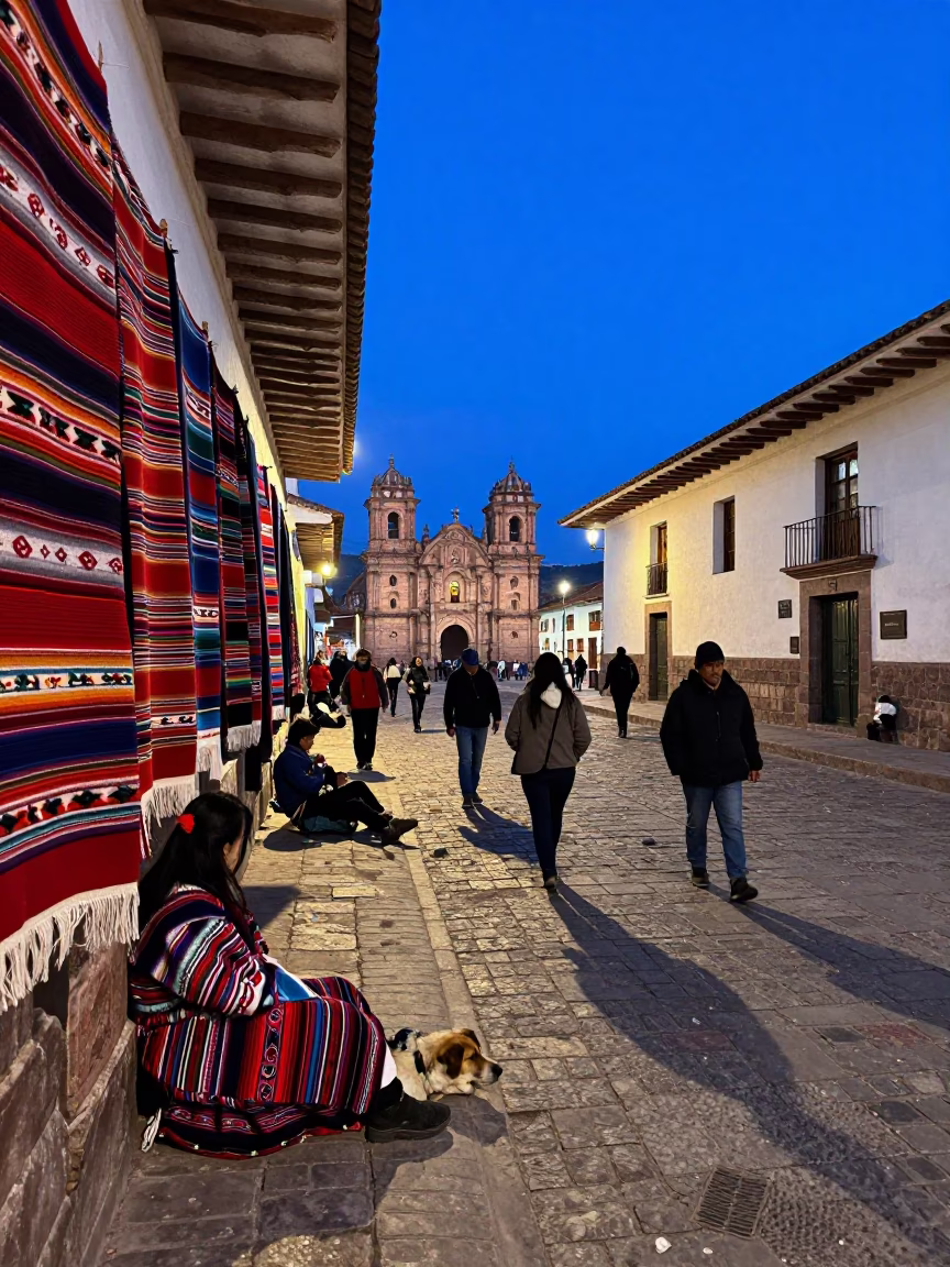 Cusco Peru Evening Street Scene with Traditional Andean Textiles and Local Architecture in in Cusco, Peru