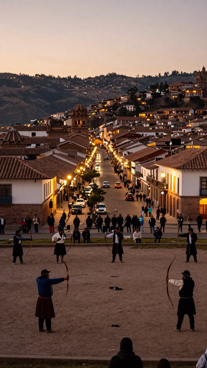Cusco Peru Evening Street Scene with Traditional Archery and Local Life in in Cusco, Peru