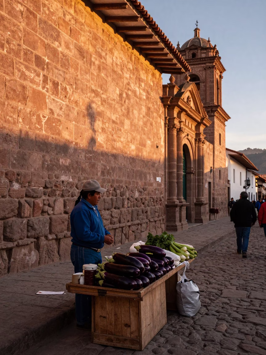Cusco Peru Evening Street Scene with Traditional Market Goods and Local Life in in Cusco, Peru