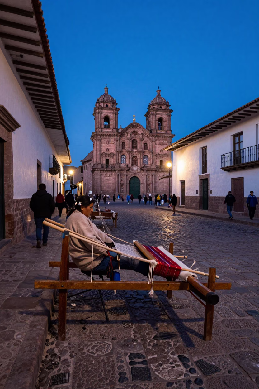 Cusco Peru Evening Street Scene with Traditional Textile Loom and Local Market Activity in in Cusco, Peru