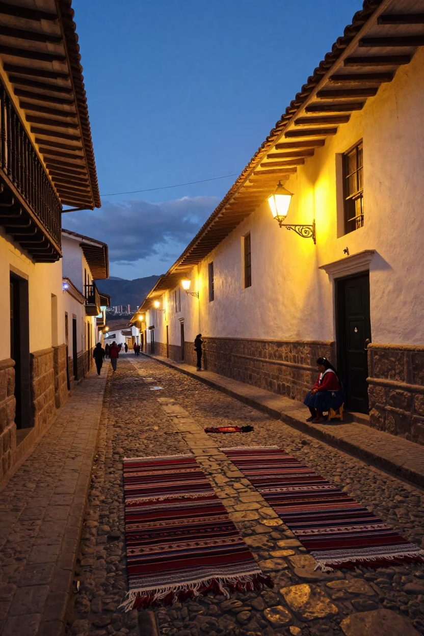 Cusco Peru Evening Street Scene with Traditional Textile Work and Colonial Architecture in in Cusco, Peru