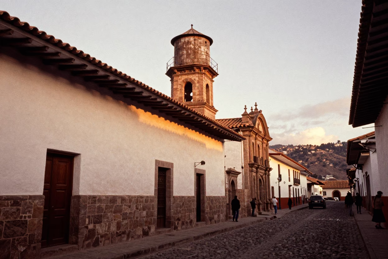 Cusco Peru Evening Street Scene with Water Tower and Colonial Architecture in in Cusco, Peru