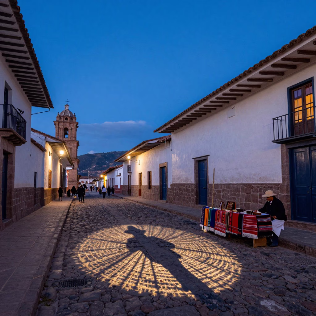Cusco Peru Evening Street Scene With Wicker Shadow And Vintage Majolica Plate in in Cusco, Peru