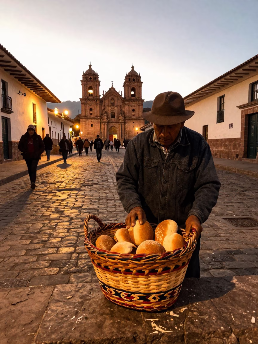 Cusco Peru Evening Street Scene with Woven Bread Basket and Traditional Market Activity in in Cusco, Peru