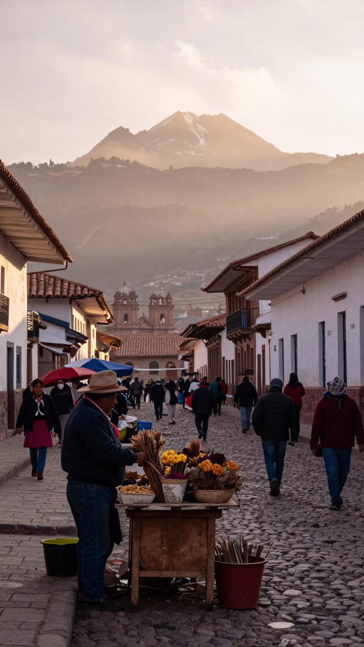 Cusco Peru First Light Dawn Street Scene with Local Market Vendor and Traditional Attire in in Cusco, Peru