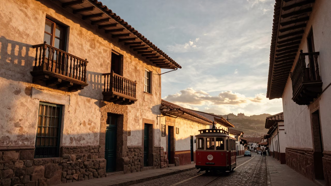 Cusco Peru Golden Hour Street Scene With Cable Car And Colonial Architecture in in Cusco, Peru