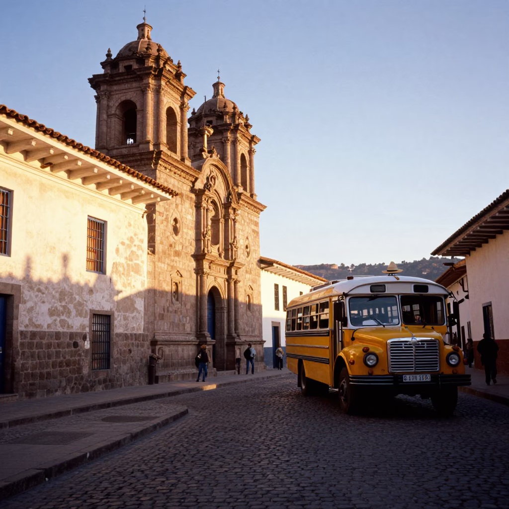 Cusco Peru Golden Hour Street Scene with Classic Bus and Sun Hat in in Cusco, Peru