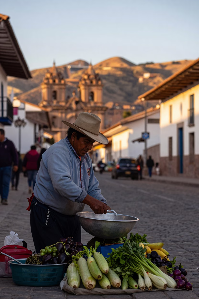 Cusco Peru Golden Hour Street Scene With Local Vendor And Colander in in Cusco, Peru