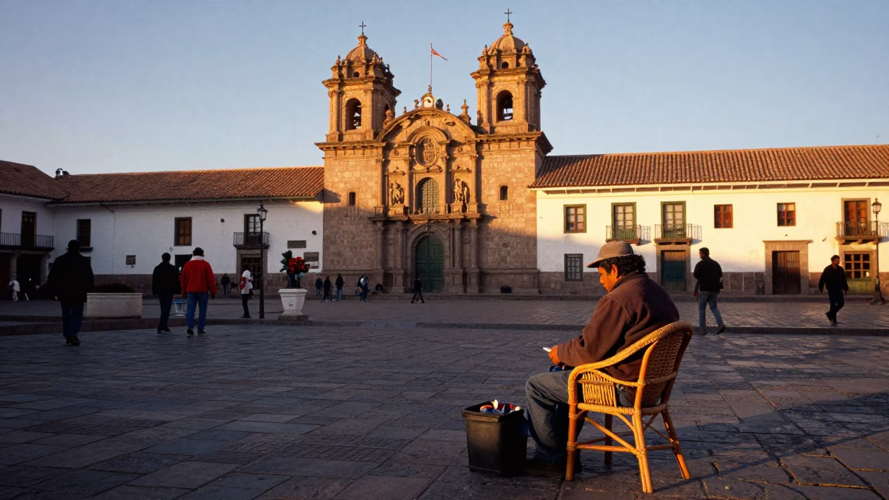 Cusco Peru Golden Hour Street Scene with Local Vendor and Rattan Chair in in Cusco, Peru