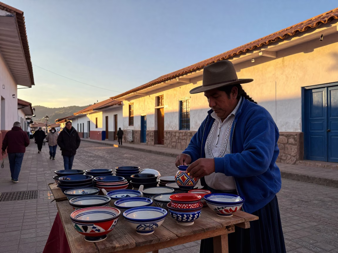 Cusco Peru Golden Hour Street Scene with Local Vendor and Traditional Pottery in in Cusco, Peru