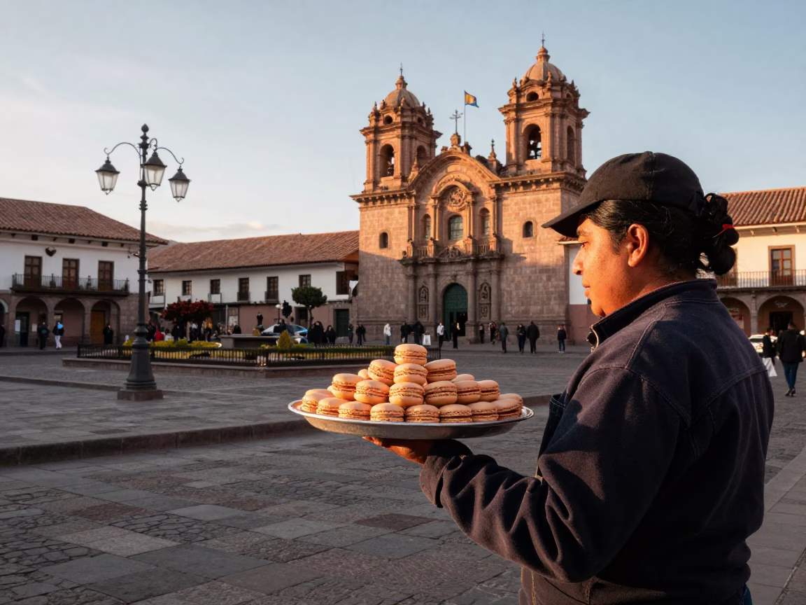 Cusco Peru Golden Hour Street Scene with Macarons and Local Architecture in in Cusco, Peru