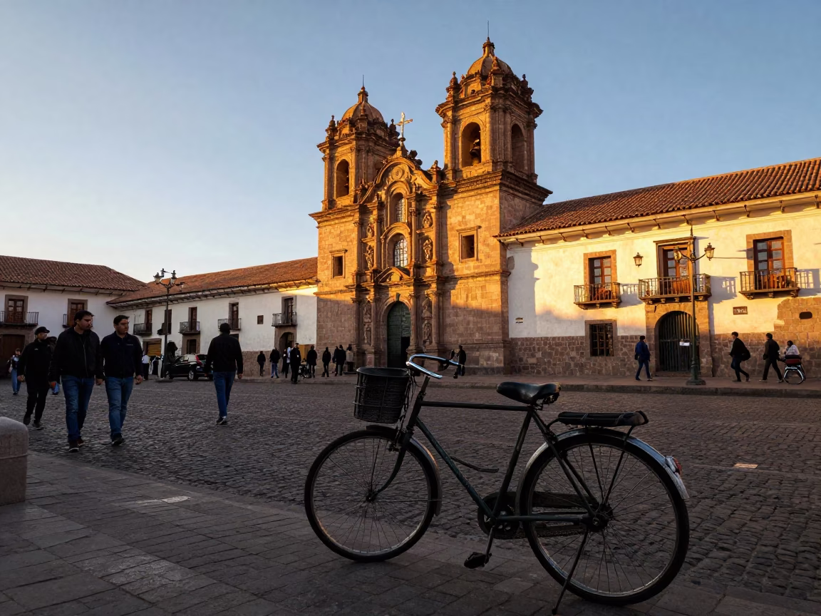 Cusco Peru Golden Hour Street Scene with Vintage Bicycle and Cobblestone Plaza in in Cusco, Peru