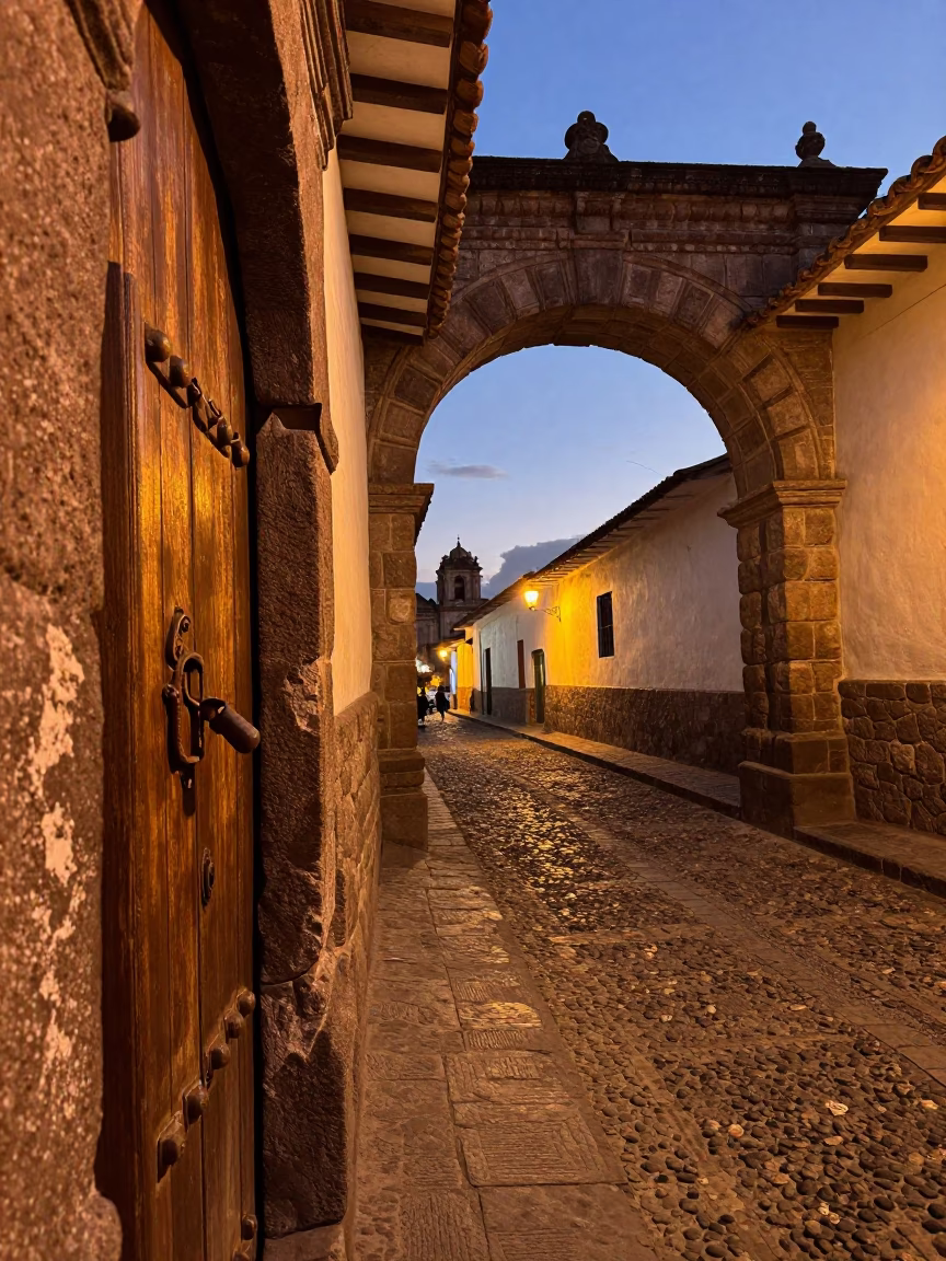 Cusco Peru Honeyed Evening Light Street Scene with Latch and Sundial in in Cusco, Peru