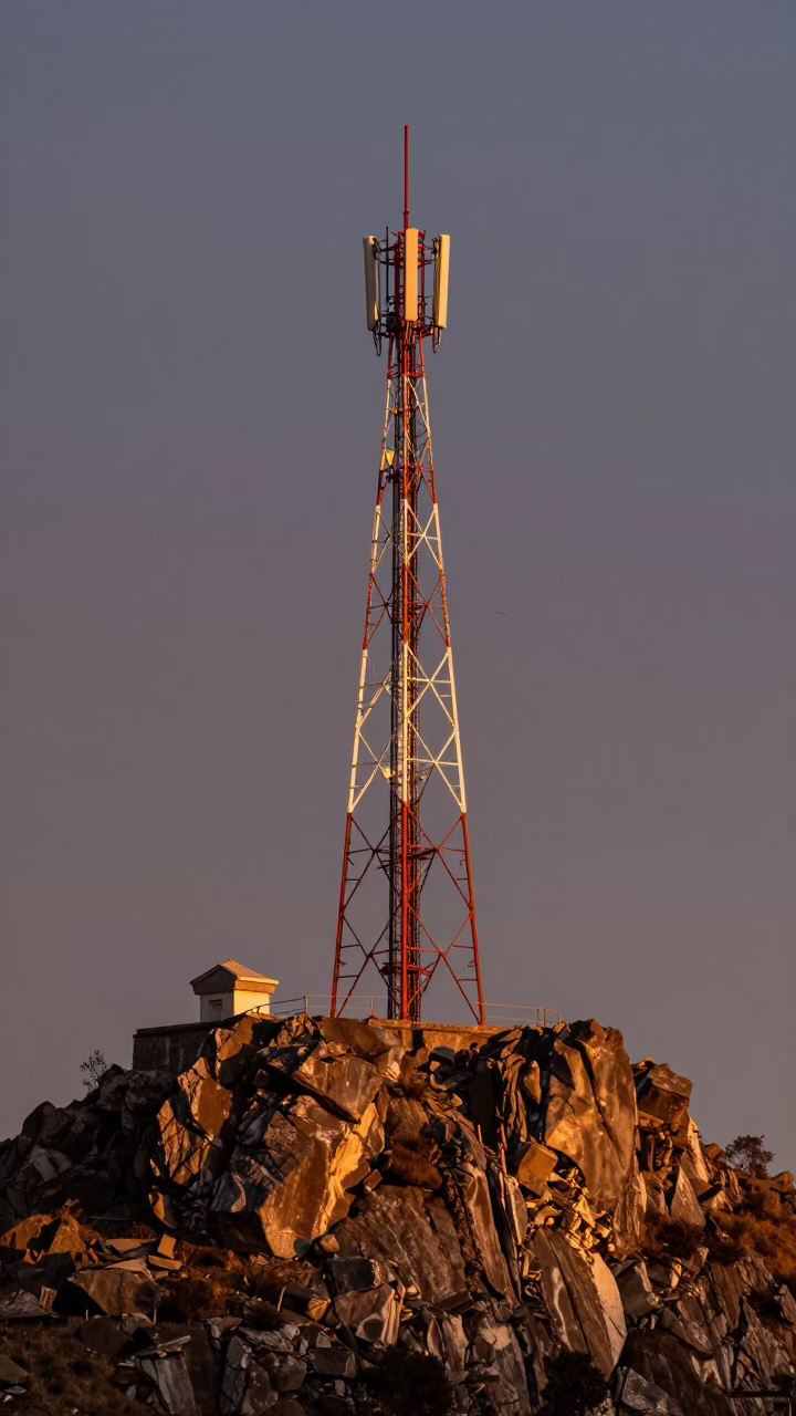 Cusco Peru Honeyed Evening Light Telecommunication Mast Rocky Summit Twilight Landscape in in Cusco, Peru